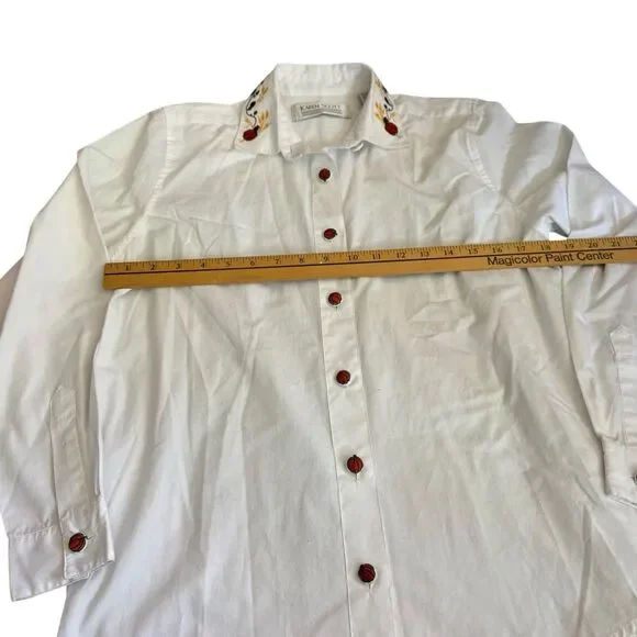 Vintage white button down with autumn embroidered trim Pumpkin Buttons‎ Small - Picture 6 of 16